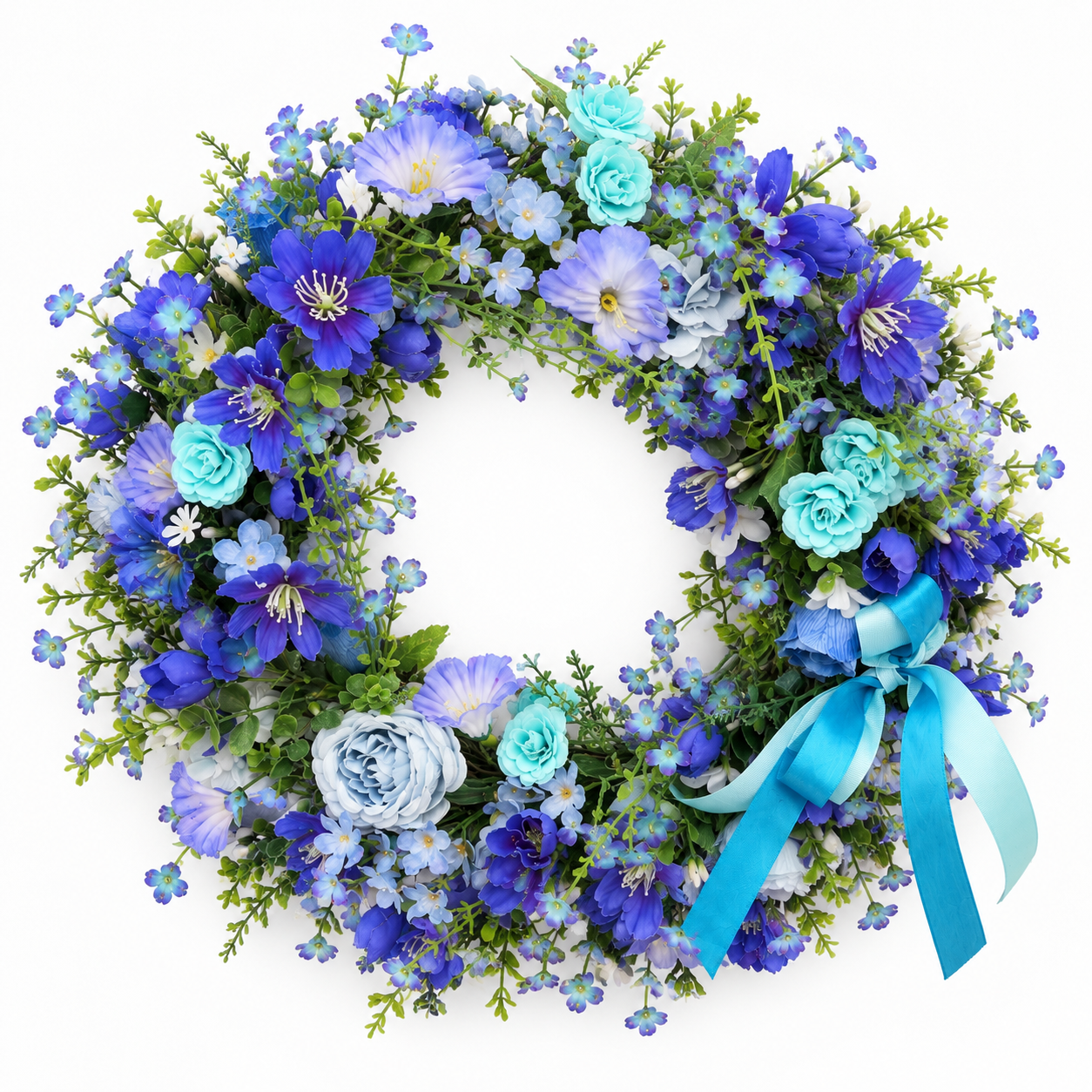 The Aegean blue botanical wreath with cobalt and turquoise blooms on a white background