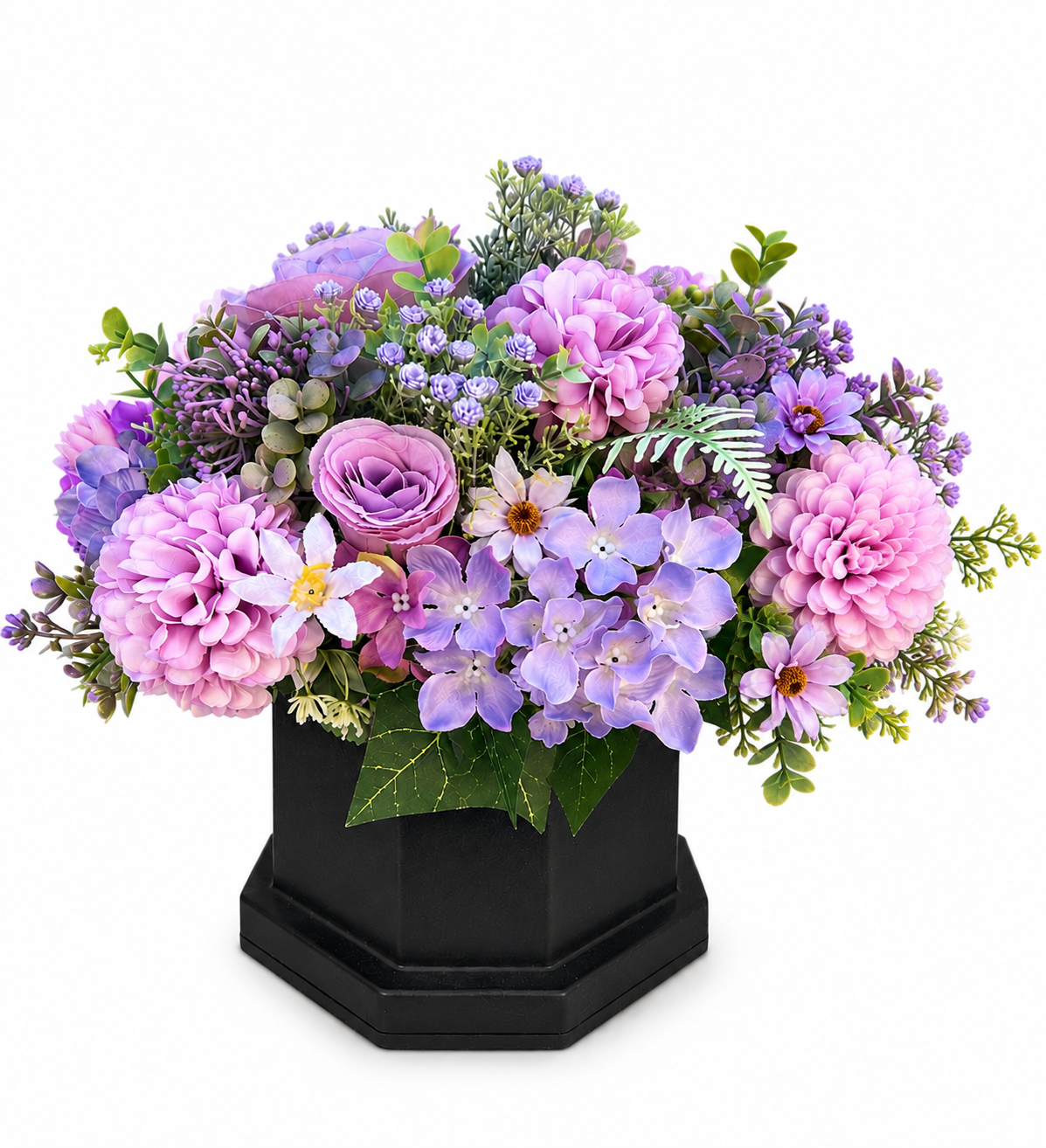 Filled memorial grave pot with pink and purple faux florals in a black hexagonal pot