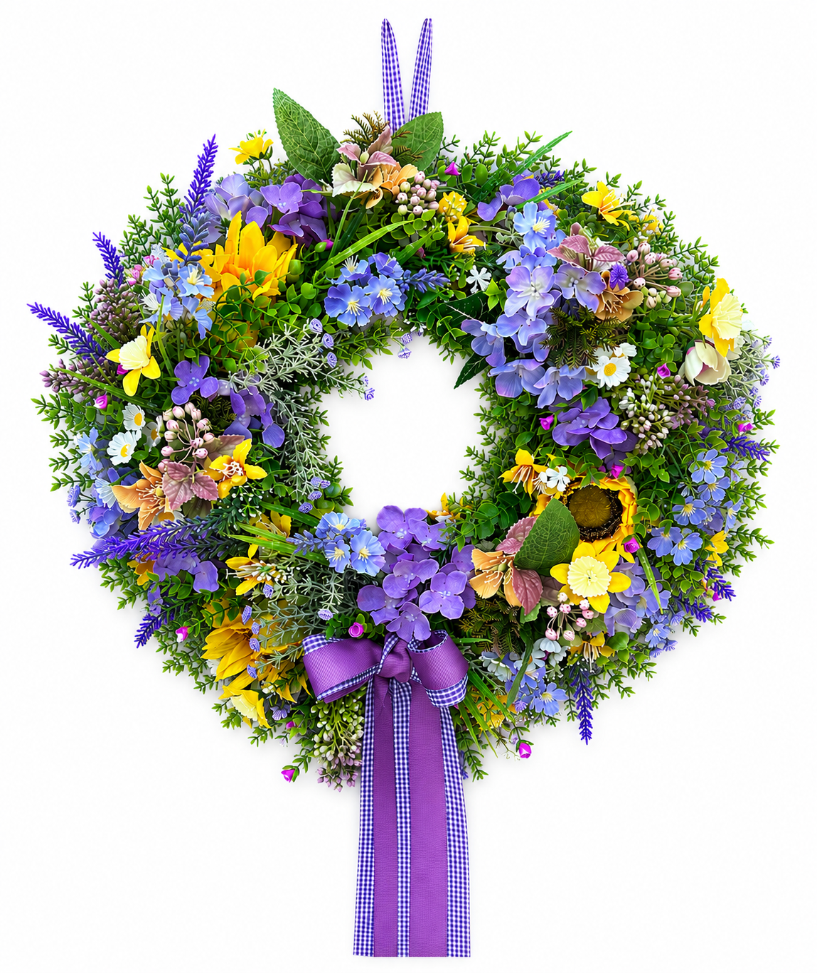 The Wicklow wild botanical wreath with sunflowers, hydrangeas and purple gingham ribbon on a white background