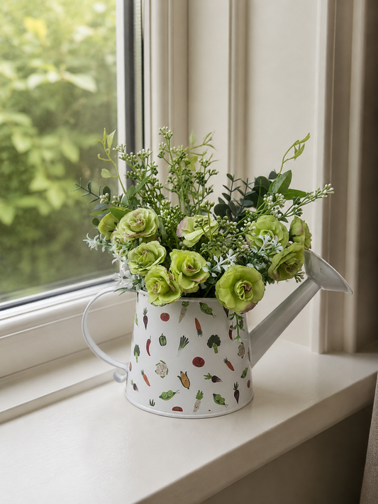 Green rose floral arrangement in a vegetable-print watering can on a windowsill