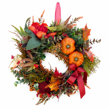 The Harvest wreath full view on white background showing mini pumpkins and burgundy bow
