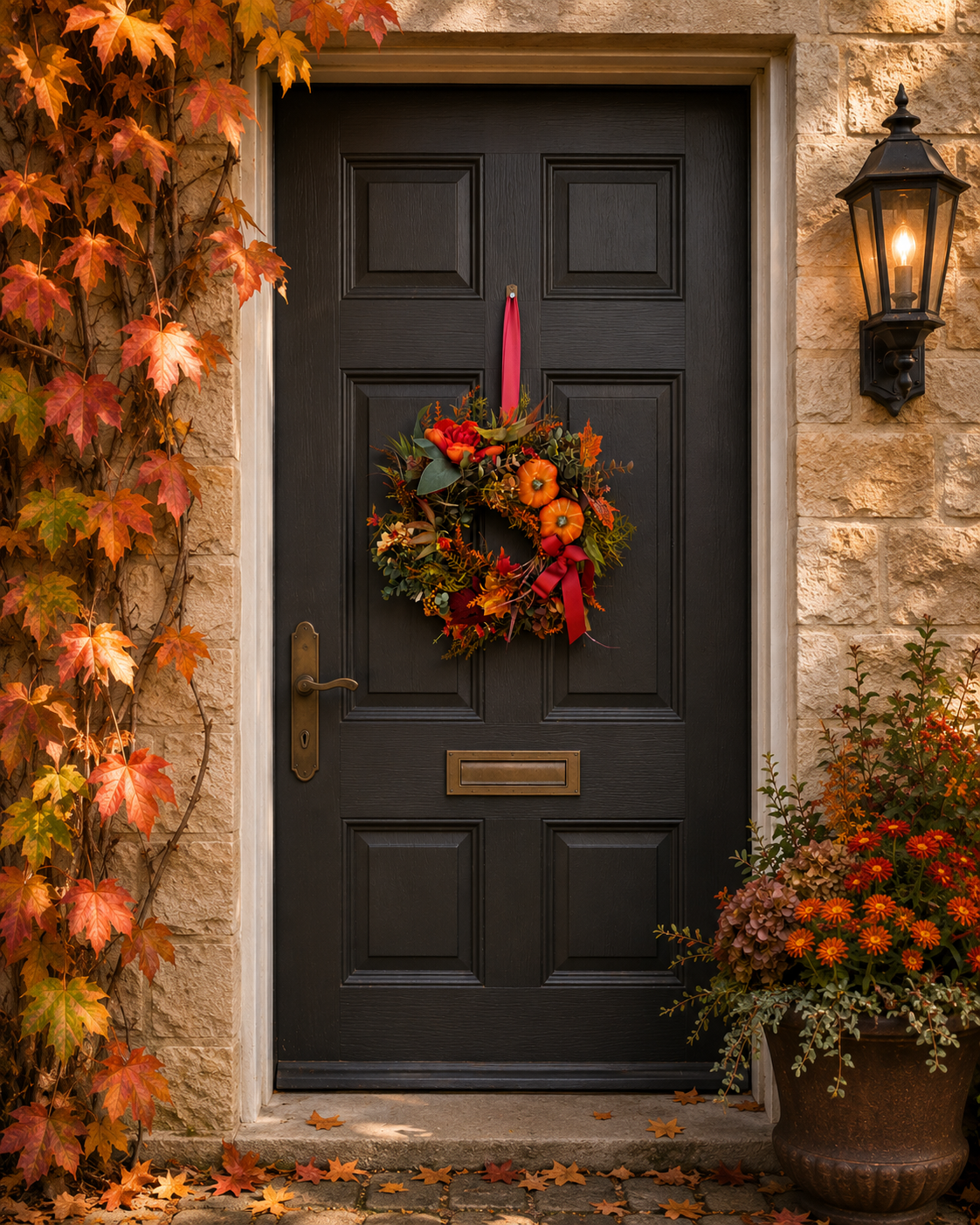 The Harvest autumn pumpkin wreath hanging on a dark front door with autumn ivy