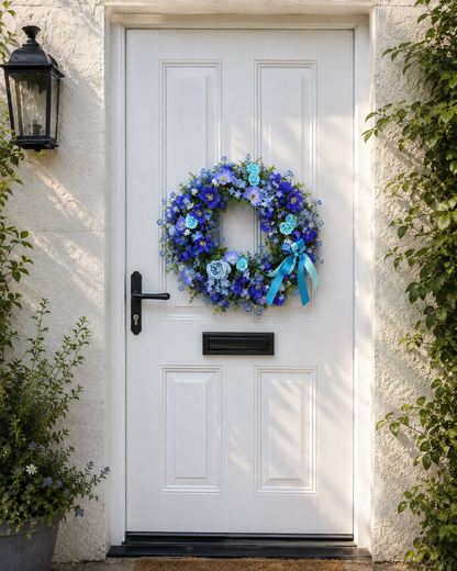 The Aegean blue botanical wreath hanging on a white front door