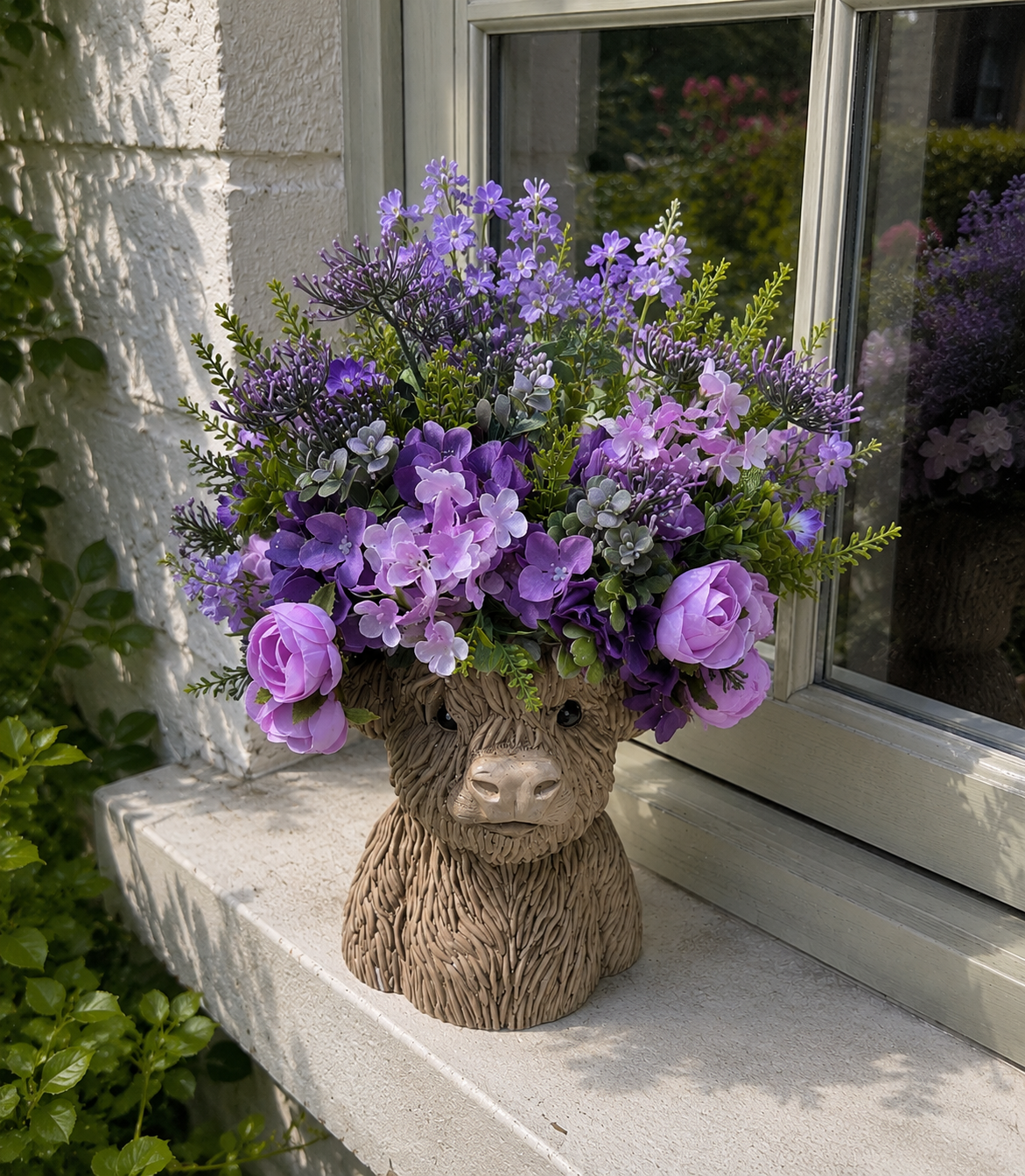 Highland Cow resin planter with purple floral arrangement on a windowsill