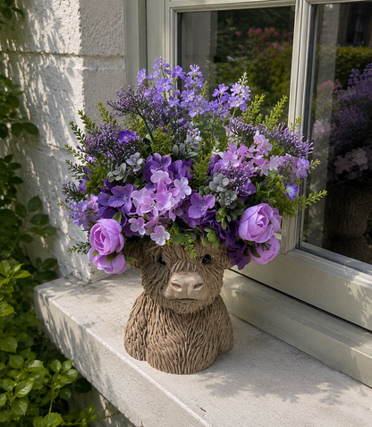 Highland Cow resin planter with purple floral arrangement on a windowsill