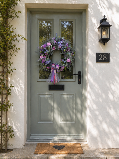 The Ambleside wreath hanging on a sage green front door
