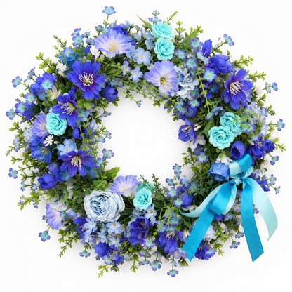 The Aegean blue botanical wreath with cobalt and turquoise blooms on a white background