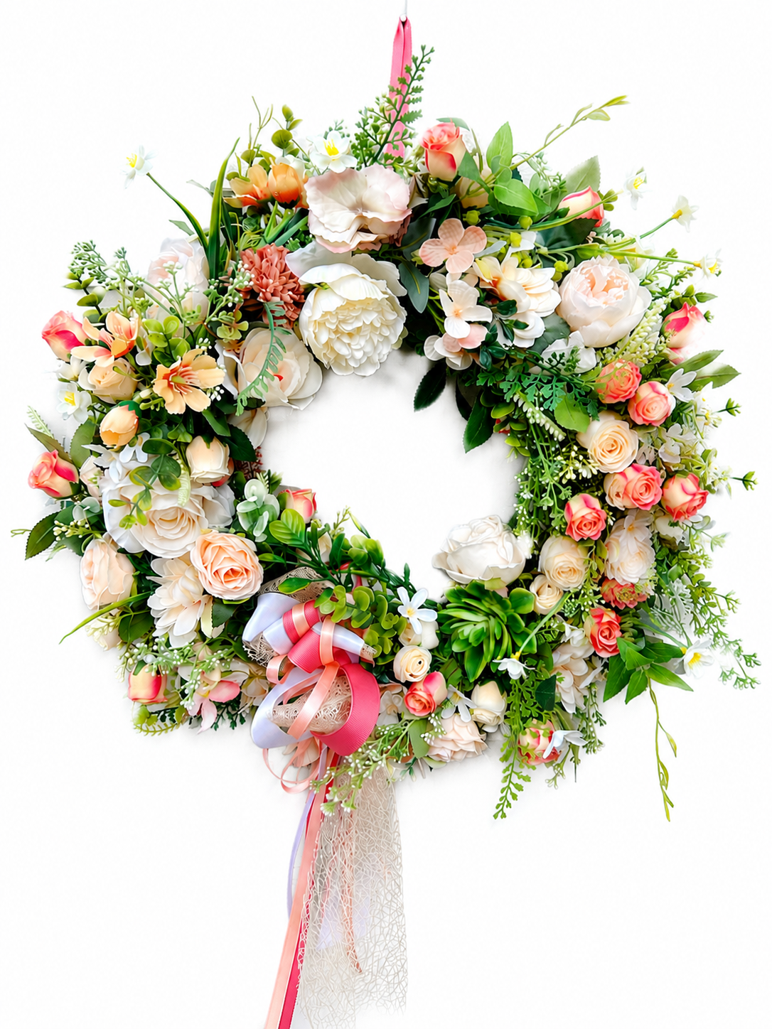The Chantilly romantic botanical wreath with cream peonies, coral roses and trailing lace ribbon on a white background