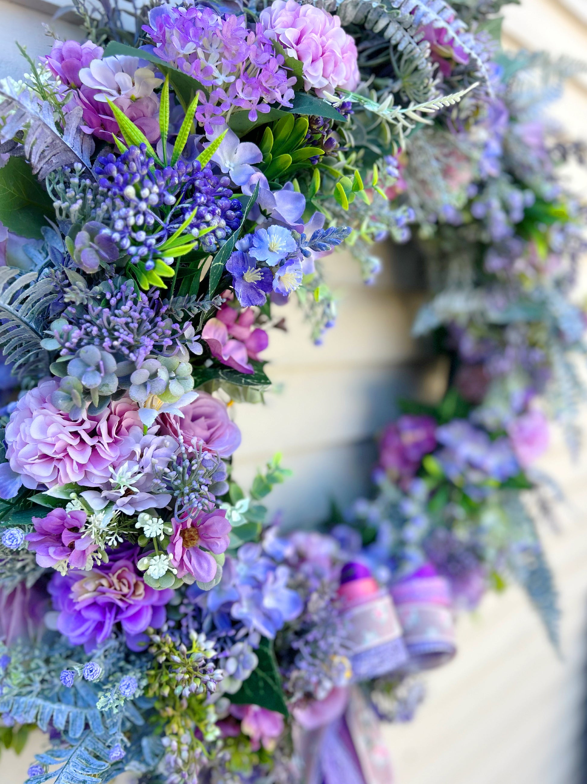Close up of The Ambleside wreath showing hydrangeas and fern detail
