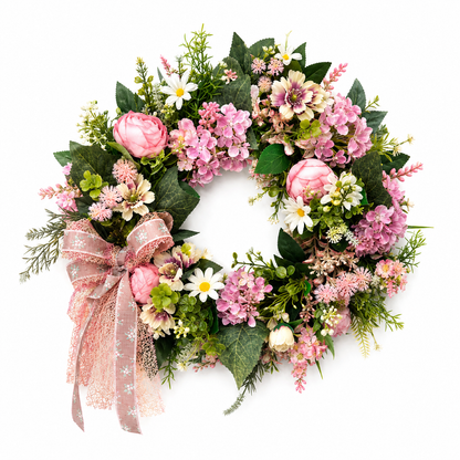 The Burford blush botanical wreath on a white background