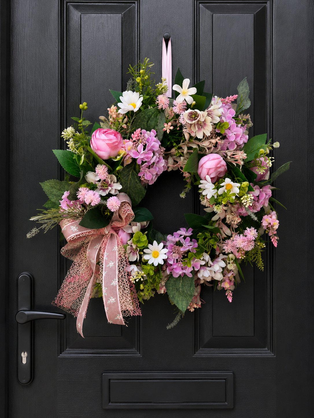 The Burford wreath hanging on a black front door