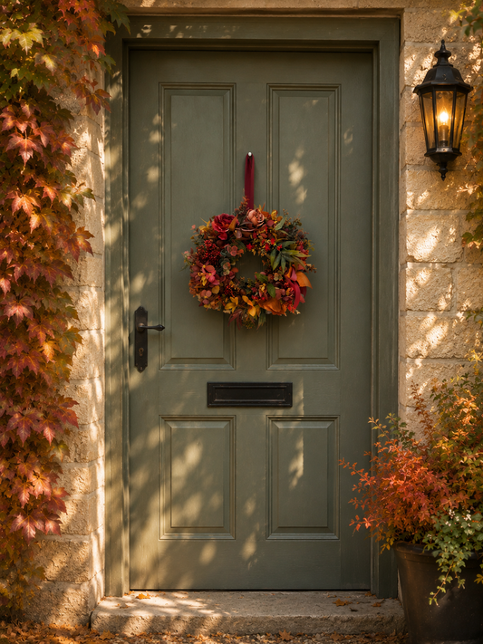 The Orchard autumn botanical wreath hanging on a sage green front door surrounded by autumn leaves