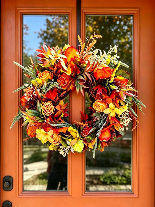 The Ember autumn botanical wreath hanging on a terracotta front door