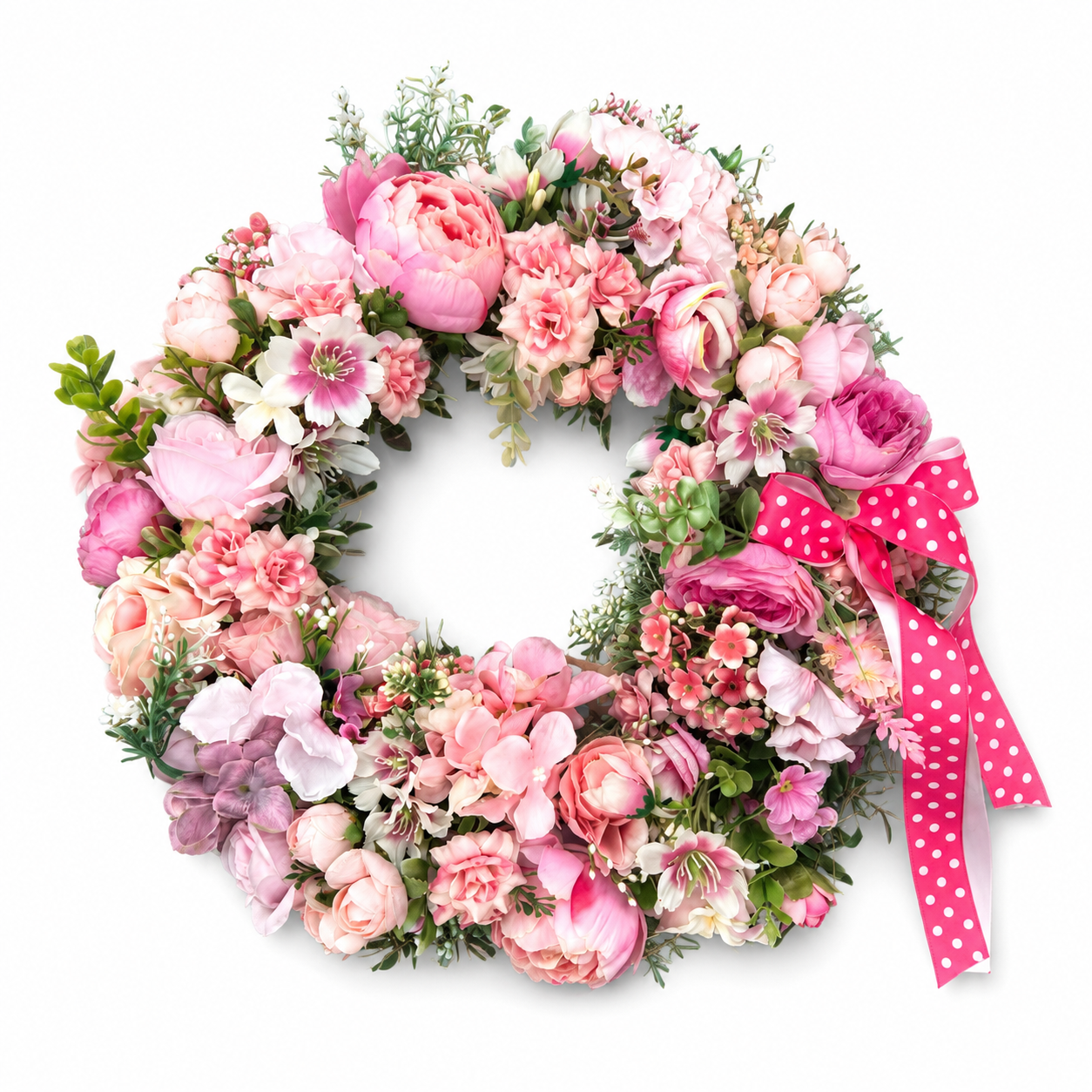 The Antigua pink botanical wreath with peonies and polka dot bow on a white background