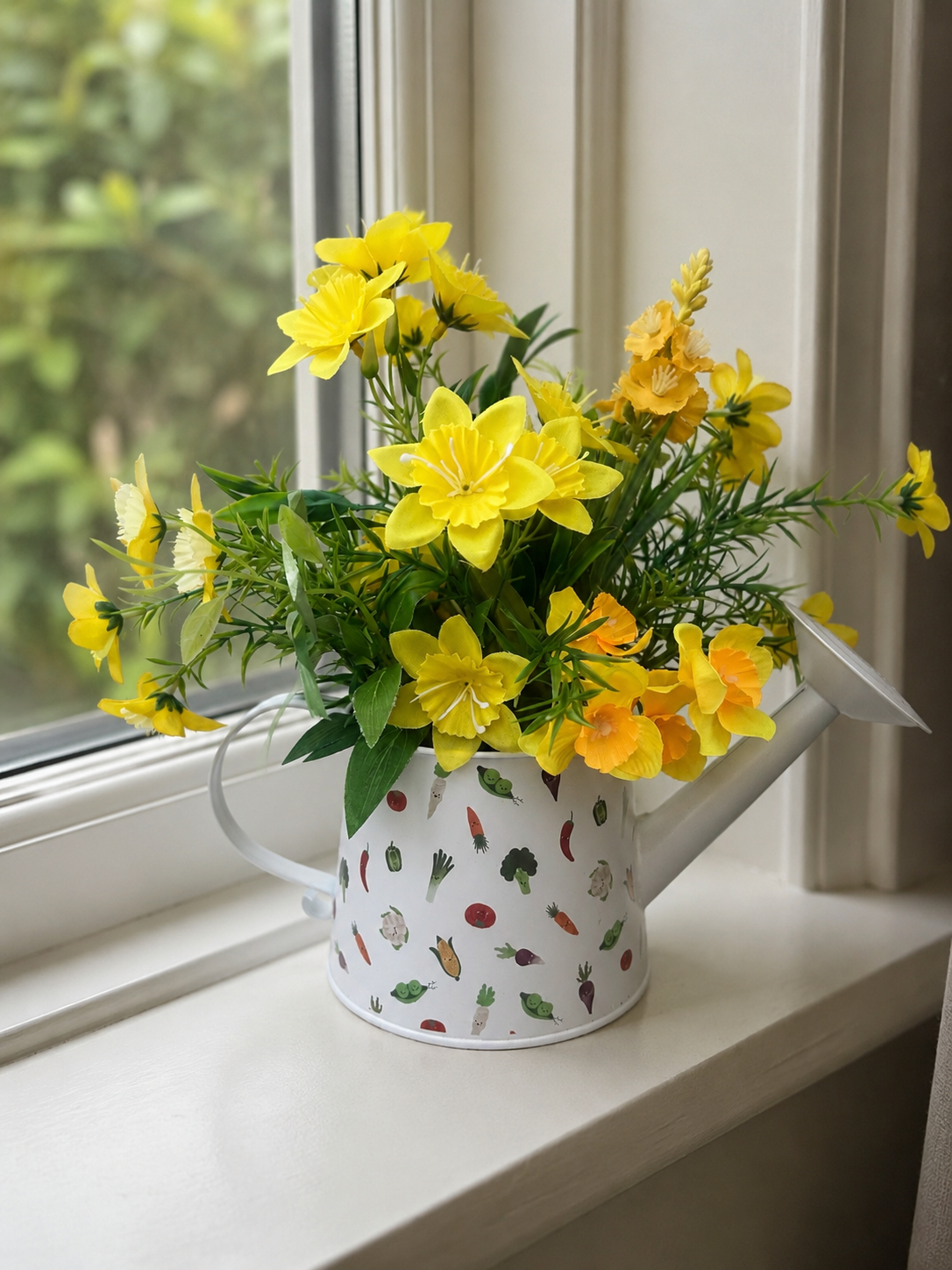 Yellow wildflower arrangement in a vegetable-print watering can on a windowsill