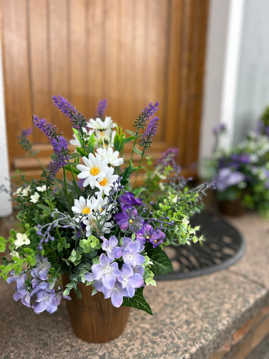 Wildflower Cottage Pot on a doorstep with lavender, daisies and hydrangeas