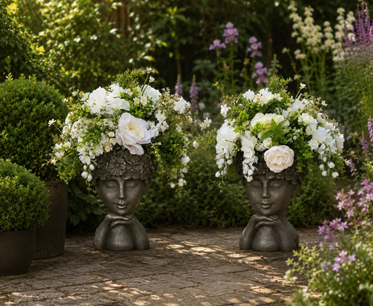 Pair of Ophelia floral face planters in a garden setting